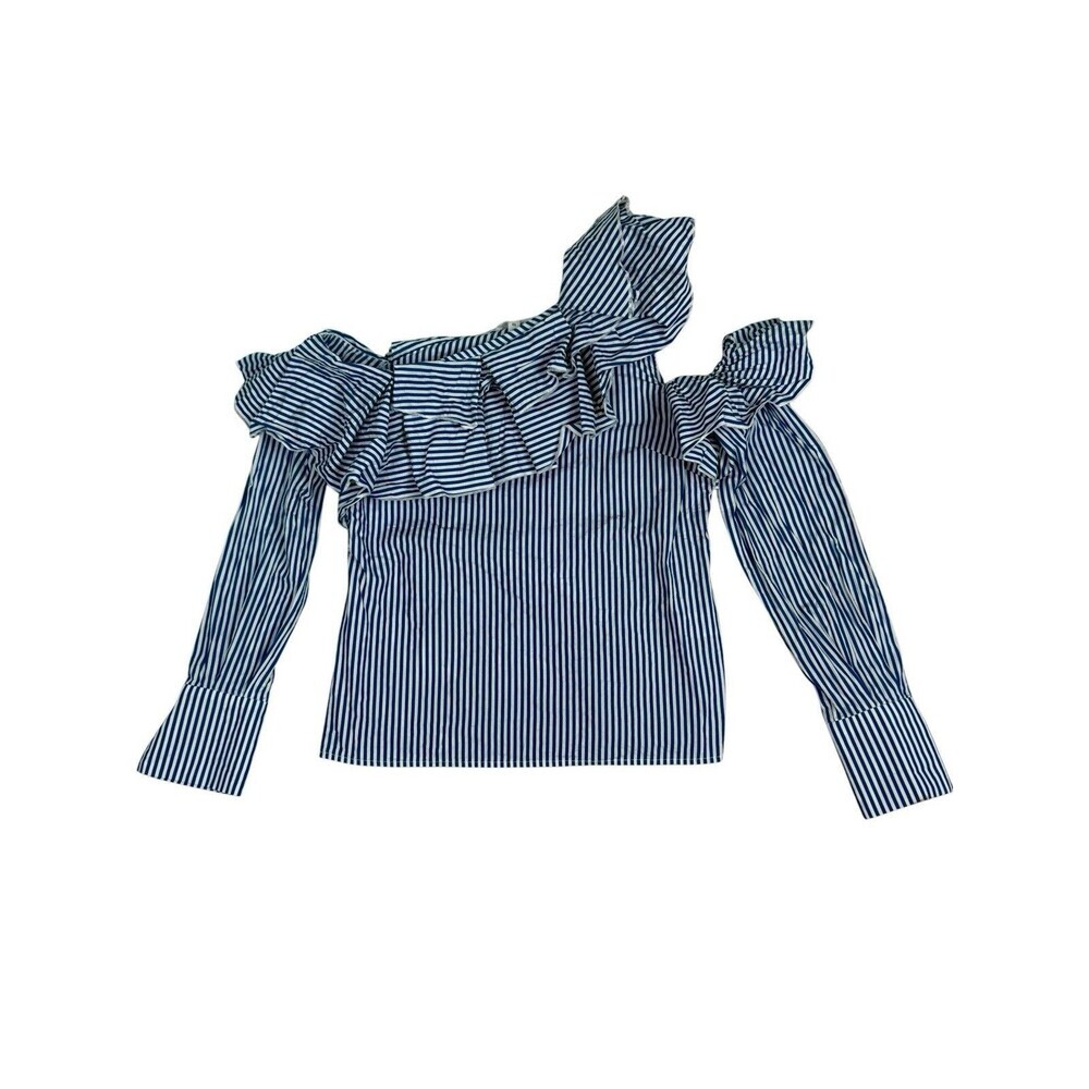 Leith Blue White Stripe Off Shoulder Ruffle Top One Shoulder Blouse XS Cotton